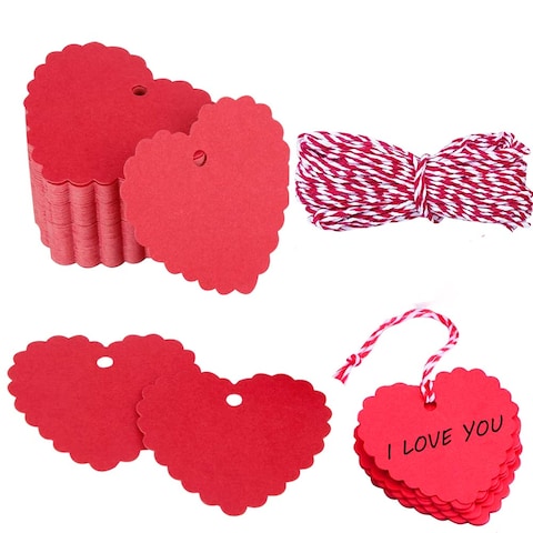 100PCs Valentine Gift Tags Heart Kraft Paper Gift Tags with String for Wedding Party Gift Wrapping Hang Label