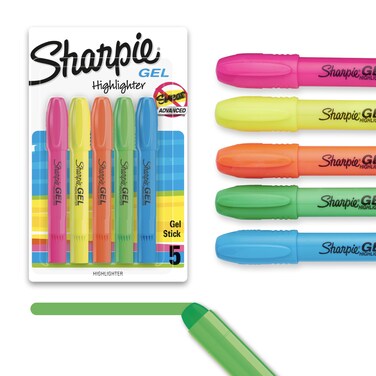 Sharpie Gel Highlighters, Bullet Tip, Assorted Fluorescent Highlighter Markers, 5 Count Pack, Smear And Bleed Resistant, Long-Lasting And Won'T Dry Out