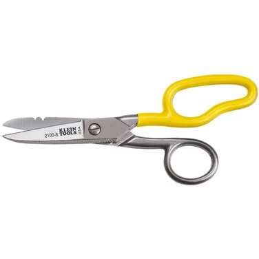 Klein Tools 2100-8 Scissors, Made in USA, Electrician Free Fall Snips, Stainless Steel Cut 19 and 23 AWG Electrical Communication Wire, Cable and Cordage
