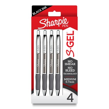 Sharpie S-Gel, Gel Pens, Sleek Metal Barrel, Gunmetal, Medium Point (0.7mm), Black Ink, 4 Count