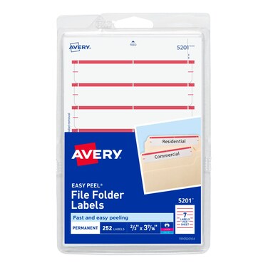 Avery File Folder Labels on 4" x 6" Sheets, Easy Peel, White/Red, Print &amp; Handwrite, 2/3" x 3-7/16", 252 Labels (5201)