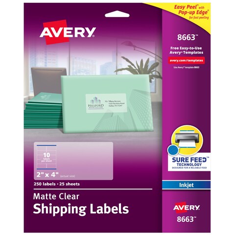 Avery Printable Shipping Labels with Sure Feed, 2&quot; x 4&quot;, Matte Clear, 250 Blank Mailing Labels (8663)