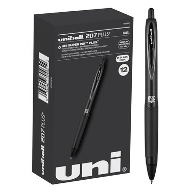 uniball 207 Plus+ Retractable Gel Pens 12 Pack in Black with 0.7mm Medium Point Pen Tips - Uni-Super Ink+ is Smooth, Vibrant, and Protects Against Water, Fading, and Fraud
