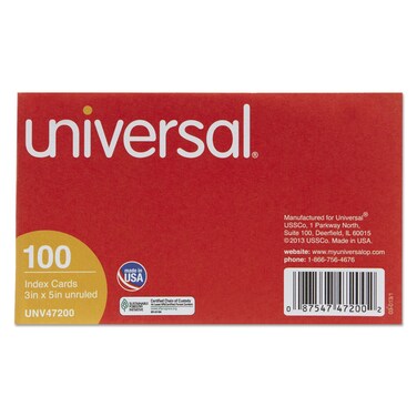 Universal 47200 Unruled Index Cards, 3 x 5, White, 100/Pack