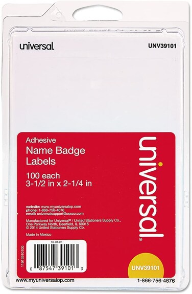 Universal Plain Self-Adhesive Name Badges, 3 1/2 X 2 1/4, White, 100/pack