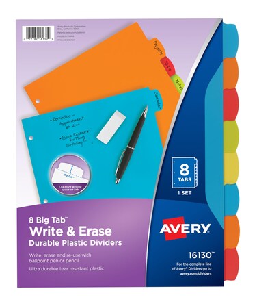 Avery Big Tab Write &amp; Erase Durable Plastic Dividers for 3 Ring Binders, 8-Tab Set, Bright Multicolor, 1 Set (16130)