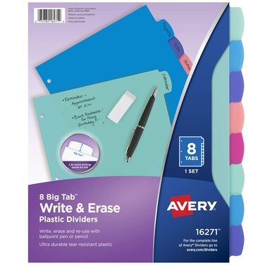 Avery Durable Plastic 8-Tab Write &amp; Erase Big Tab Dividers for 3 Ring Binders, Pastel Brights (16271)