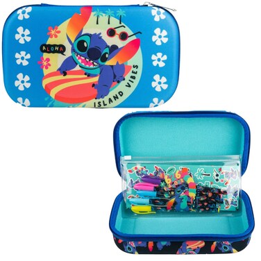 Innovative Designs Disney Stitch Pencil Case Set with Stickers and Gel Pens for Kids, Molded with Zip Closure, Blue