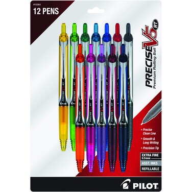 Pilot, Precise V5 RT Refillable &amp; Retractable Rolling Ball Pens, Extra Fine Point 0.5 mm, Assorted Colors, Pack of 12