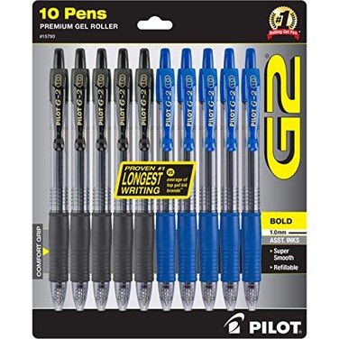 Pilot G2 Pens 1.0 mm - 10 Pack of 5 Blue and 5 Black Pens Ballpoint Medium Point, Refillable &amp; Retractable
