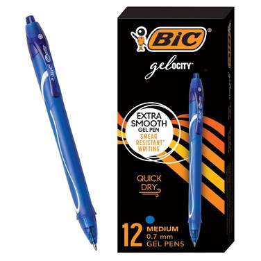 BIC Gelocity Quick Dry Blue Gel Pens, Medium Point (0.7mm), 12-Count Pack, Retractable Gel Pens With Comfortable Full Grip