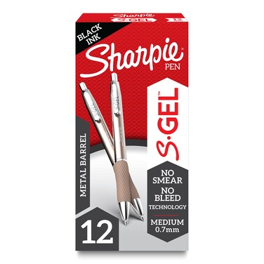 Sharpie S-Gel, Gel Pens, Drawing Pens, Gel Ink Pens For Journaling, Writing Pens, Medium Point Pens (0.7Mm), Sleek Metal Barrel, Black Ink, 12 Count