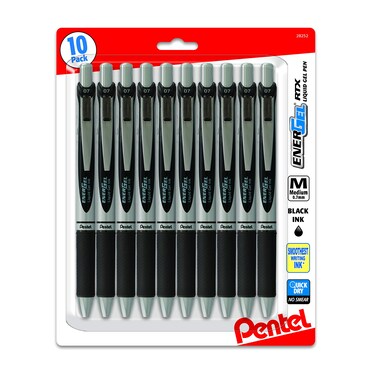 Pentel Energel 0.7 mm RTX Retractable Liquid Gel Pen - Pack of 10 Black Ink Metal Tip - Medium Line - Premium Energel Liquid Gel Ink Pens 0.7 mm - Great for Office, School &amp; Home for Women &amp; Men
