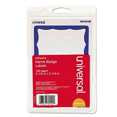 Universal 39120 Border-Style Self-Adhesive Name Badges, 3 1/2 x 2 1/4, White/Blue, 100/Pack