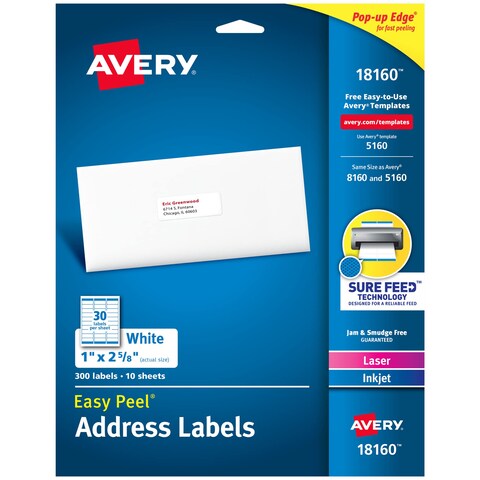 Avery Easy Peel Printable Address Labels with Sure Feed, 1&quot; x 2-5/8&quot;, White, 300 Blank Mailing Labels (18160)