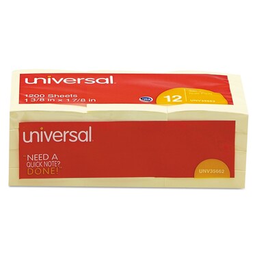 Universal 35662 Standard Self-Stick Notes, 1 3/8 x 1 7/8, Yellow, 12 100-Sheet/Pack
