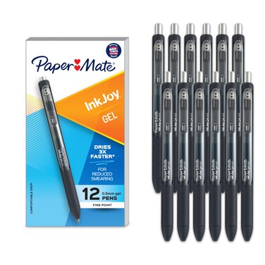 Paper Mate InkJoy Gel Pen, Fine Point, Black Ink Pens, 0.5mm Fine Tip, Ergonomic Comfort Grip, Box of 12