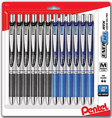 Pentel Energel 0.7 mm Rtx Retractable Liquid Gel Pen - Pack of 6 Black Ink &amp; 6 Blue Ink Metal (Total Of 12 Energel Liquid Gel Ink Pens 0.7) Medium Point - Metal Tip