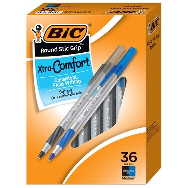 BIC Round Stic Grip Xtra Comfort Ballpoint Pens, Medium Point (1.2mm) Ink Pens, Black &amp; Blue, Soft Grip For Added Comfort And Control, 36-Count (GSMG361-AST)