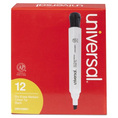 Universal UNV43651 Broad Chisel Tip Dry Erase Marker - Black (1 Dozen)