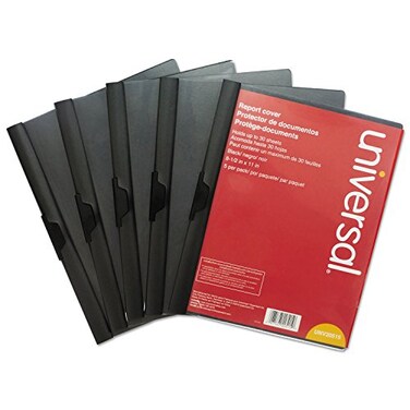 Universal 20515 Plastic Report Cover w/Clip, Letter, Holds 30 Pages, Clear/Black, 5/PK