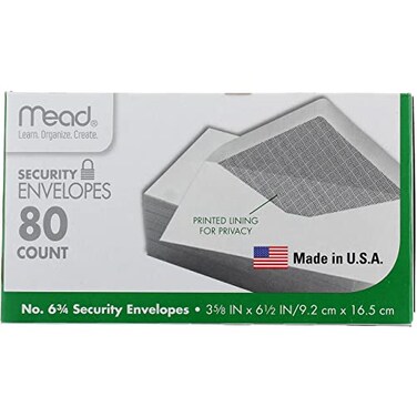 Mead #6-3/4 Envelopes, Security Printed Lining for Privacy, Gummed Closure, 3-5/8" x 6-1/2", All-Purpose 20-lb Paper, White, 80 per Box (75212)