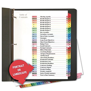 Universal UNV24814 11 in. x 8.5 in. 31-Tab 1 to 31 Deluxe Table of Contents Dividers for Printers - White (1 Set)