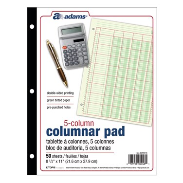 Adams Columnar Analysis Pad, 5 Column Ledger, 8.5" x 11", 100 Pages (50 Sheets), Green, 3 Hole Punch, for Accounting, Bookkeeping &amp; Data (ACP85115)