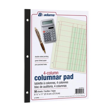 Adams Columnar Analysis Pad, 4 Column Ledger, 8.5" x 11", 100 Pages (50 Sheets), Green, 3 Hole Punch, for Accounting, Bookkeeping &amp; Data (ACP85114)