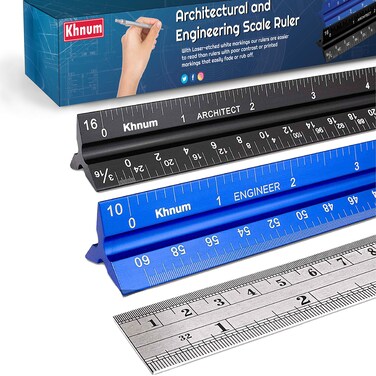 12-Inch Architectural and Engineering Scale Ruler Set (Imperial)   Laser-Etched Aluminum Triangular Drafting Tool   for Architect and Civil Engineer Blueprints   Standard Metal Ruler Included