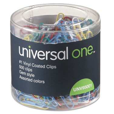 Universal UNV95001 Plastic-Coated #1 Paper Clips with One-Compartment Dispenser Tub - Assorted Colors (500/Pack)