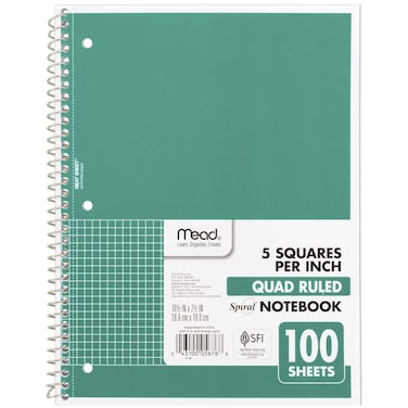 Mead Spiral Notebook, 1-Subject, Graph Ruled Paper, 7-1/2&quot; x 10-1/2&quot;, 100 Sheets, Green (05676AC5)