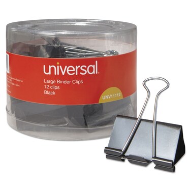 Universal Binder Clips with Storage Tub, Large, Black/Silver, 12/Pack