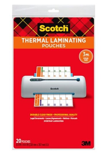 Scotch Thermal Laminating Pouches, 8.9 x 14.4-Inches, Legal Size, 20-Pack (TP3855-20)