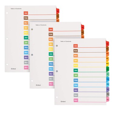 Oxford OneStep Binder Dividers, Dividers for 3 Ring Binder, Monthly Divider Sets, 12 Tabs, Jan-Dec, Customizable Table of Contents, Reversible Multicolor Tabs, 3 Sets (89401)