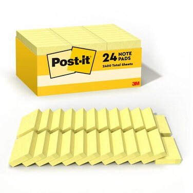 Post-it Notes, 1/3/8 x 1 7/8 in, 24 Sticky Notes Pads, 100 Sheets per Pad, Canary Yellow, The Original Post-it Note, New Year Organization or Second Semester School Supplies