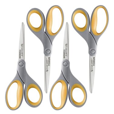Westcott 8" Soft Handle Titanium Bonded Scissors For Office &amp; Home, Gray/Yellow, 4 Pack (17598)