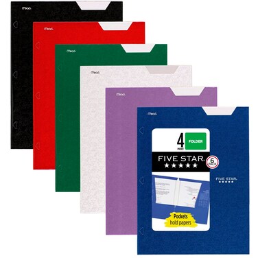 Five Star 4 Pocket Folders, 6 Pack, Paper Folders, Fits 3-Ring Binders, Holds 8-1/2" x 11" Paper, Writable Label, Black, Fire Red, Forest Green, Pacific Blue, White, Amethyst Purple (38058)