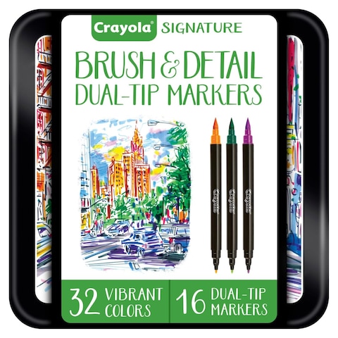 Crayola Brush &amp; Detail Dual Tip Marker Set, 16 Markers, 32 Colors, Adult Coloring Markers, Gifts for Teens &amp; Adults