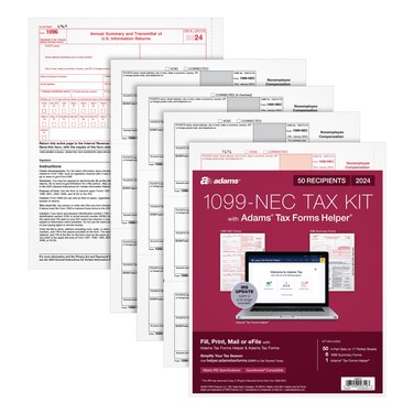 Adams 2024 1099 NEC Tax Forms, 4 Part 1099 Forms, Laser/Inkjet Forms for 50 Recipients, 6 1096 Forms, Access to Tax Forms Helper (1009319)