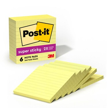 Post-it Super Sticky Lined Notes, 6 Sticky Note Pads, 4 x 4 in., Ideal for Organization in Your Dorm, Home or Office, Canary Yellow