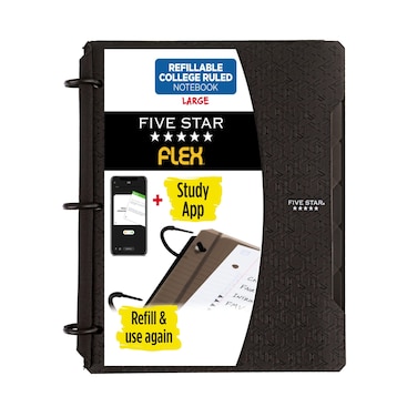 Five Star Flex Refillable Notebook + Study App, College Ruled Paper, 1 Inch TechLock Rings, Pockets, Tabs and Dividers, 200 Sheet Capacity, Black (29328AA2)