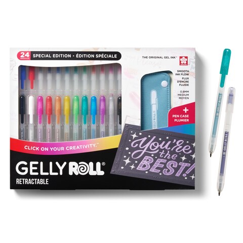 SAKURA Gelly Roll Retractable Gel Pens Colored - Assorted Gel Color Pens with Different Effects - 08 Medium Point Ink Pen for Journaling, Art, or Drawing - 1 Pen Case - Assorted Colored Ink - 24 Pens