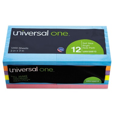 Universal 35610 Self-Stick Note Pads, 3 x 3, Bright Colors, 100 Shts/Pad, 12/PK
