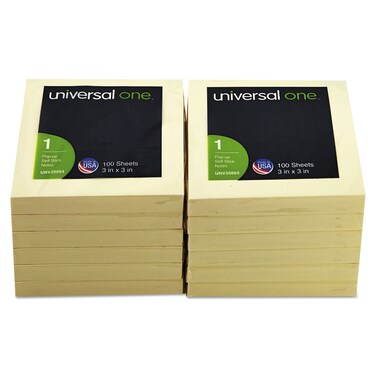 Universal 35664 Fan-Folded Pop-Up Notes, 3 x 3, Yellow, 100-Sheet/Pad, 12/Pack