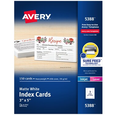 Avery Printable Index Cards with Sure Feed Technology, 3" x 5", White, 150 Blank Index Cards for Laser or Inkjet Printers (05388)