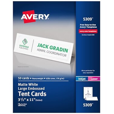 Avery Printable Tent Cards, 3.5" x 11", White with Embossed Border, 50 Blank Place Cards for Laser and Inkjet Printers (5309)