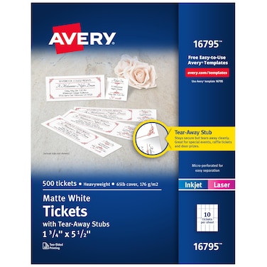 Avery Printable Tickets with Tear-Away Stubs, 1.75" x 5.5", Matte White, 500 Blank Tickets for Laser and Inkjet Printers (16795)