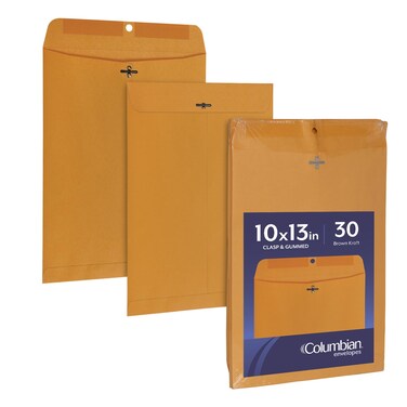 Columbian 10 x 13 Clasp Envelopes, Gummed, 28 lb Brown Kraft, for Mailing Flat Letter Size Documents or Photos, Bulk Pack, 30 Per Pack (COLO405)