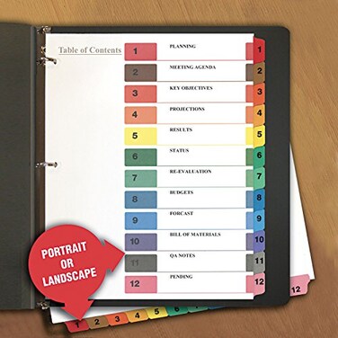Universal 24806 Table of Contents Dividers, Assorted Color 12-Tab, 1-12, Letter, White, 6/PK